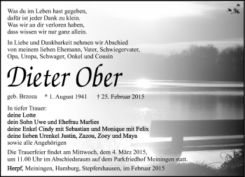 Traueranzeige von Dieter Ober von Südthüringer Presse