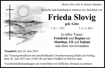 Traueranzeige von Frieda Slovig von Neue Presse Coburg