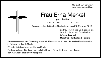Traueranzeige von Erna Merkel von Frankenpost