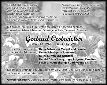 Traueranzeige von Gertrud Oestreicher von Südthüringer Presse