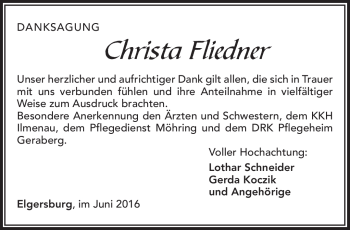 Traueranzeige von Christa Fliedner von Südthüringer Presse
