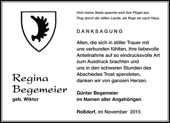 Traueranzeige von Regina Begemeier von Südthüringer Presse