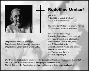 Traueranzeige von Rudolfine Umlauf von Neue Presse Coburg