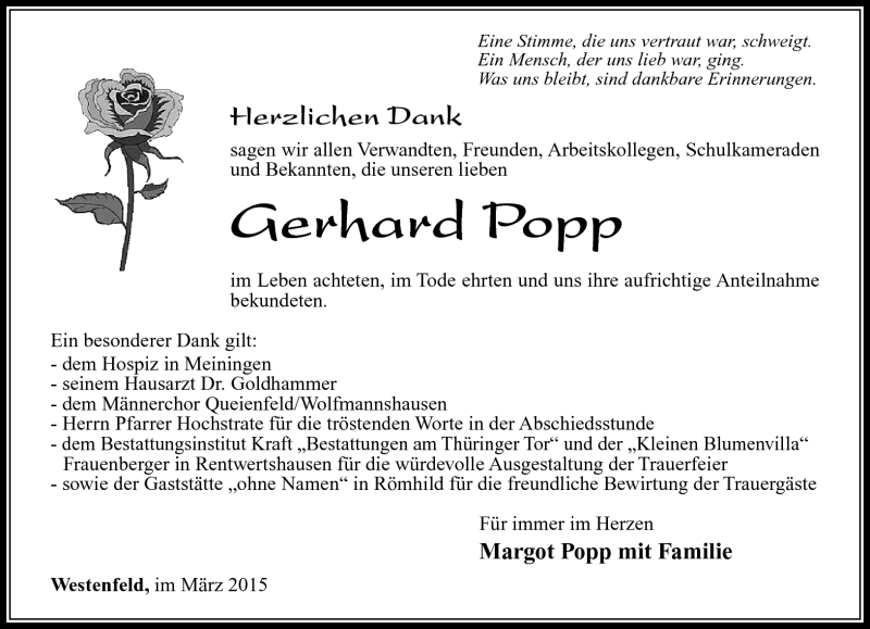  Traueranzeige für Gerhard Popp vom 07.03.2015 aus Südthüringer Presse