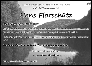 Traueranzeige von Hans Florschütz von Südthüringer Presse