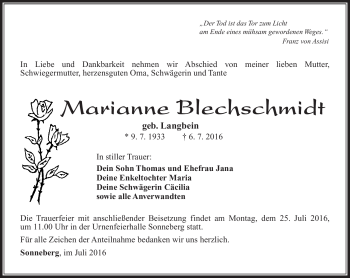 Traueranzeige von Marianne Blechschmidt von Südthüringer Presse
