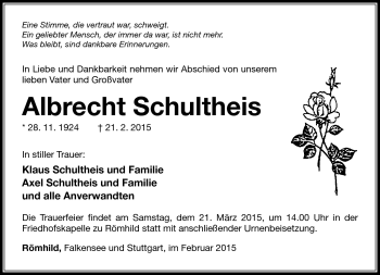 Traueranzeige von Albrecht Schultheis von Südthüringer Presse