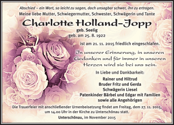 Traueranzeige von Charlotte Holland-Jopp von Südthüringer Presse