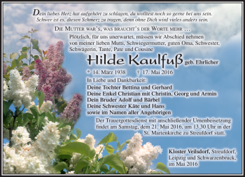 Traueranzeige von Hilde Kaulfuß von Südthüringer Presse