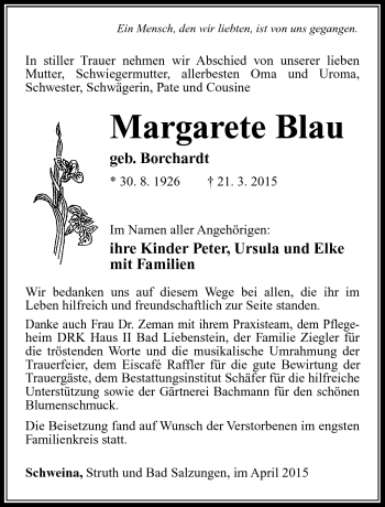 Traueranzeige von Margarete Blau von Südthüringer Presse