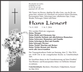 Traueranzeige von Hans Lienert von Südthüringer Presse