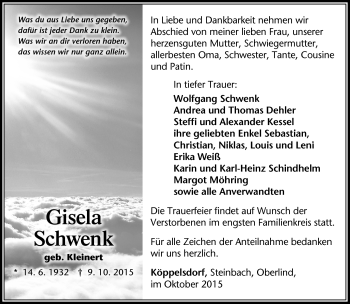 Traueranzeige von Gisela Schwenk von Südthüringer Presse