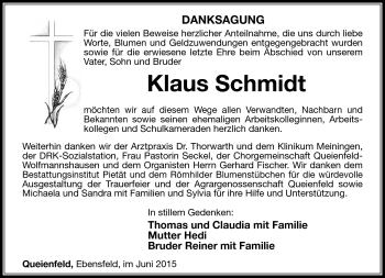 Traueranzeige von Klaus Schmidt von Südthüringer Presse