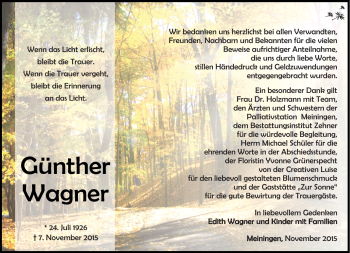 Traueranzeige von Günther Wagner von Südthüringer Presse