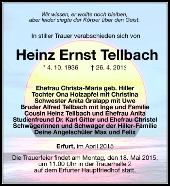 Traueranzeige von Heinz Ernst Tellbach von Südthüringer Presse