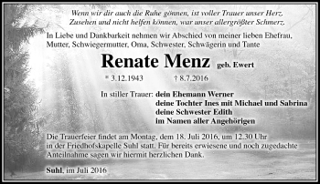 Traueranzeige von Renate Menz von Südthüringer Presse