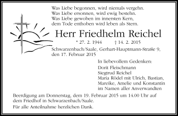 Traueranzeige von Friedhelm Reichel von Frankenpost