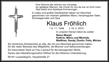 Traueranzeige von Klaus Fröhlich von Frankenpost