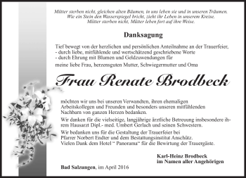 Traueranzeige von Renate Brodbeck von Südthüringer Presse