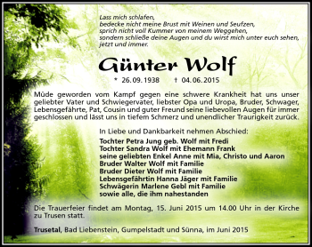Traueranzeige von Günter Wolf von Südthüringer Presse