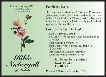 Traueranzeige von Hilde Niebergall von Südthüringer Presse