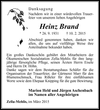 Traueranzeige von Heinz Brand von Südthüringer Presse