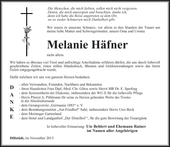 Traueranzeige von Melanie Häfner von Südthüringer Presse