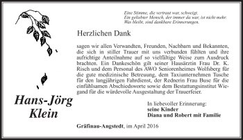 Traueranzeige von Hans-Jörg Klein von Südthüringer Presse
