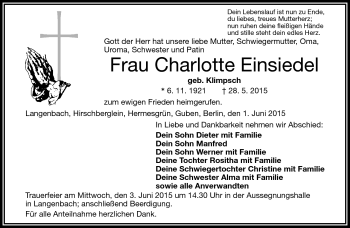 Traueranzeige von Charlotte Einsiedel von Frankenpost