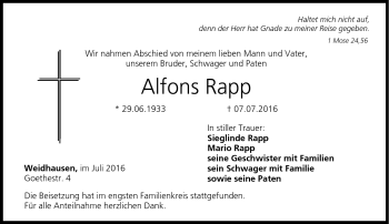 Traueranzeige von Alfons Rapp von Neue Presse Coburg