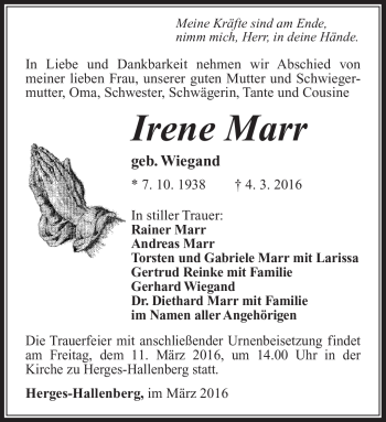 Traueranzeige von Irene Marr von Südthüringer Presse