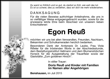 Traueranzeige von Egon Reuß von Südthüringer Presse