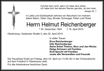 Traueranzeige von Helmut Reichenberger von Frankenpost