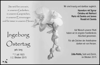 Traueranzeige von Ingeborg Ostertag von Südthüringer Presse
