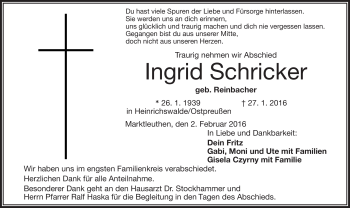 Traueranzeige von Ingrid Schricker von Frankenpost