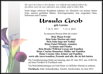 Traueranzeige von Ursula Grob von Südthüringer Presse