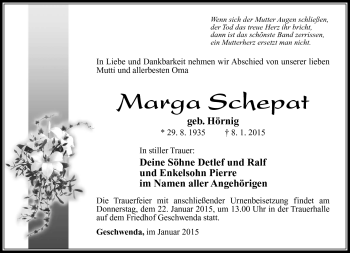 Traueranzeige von Marga Schepat von Südthüringer Presse