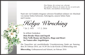 Traueranzeige von Helga Wirsching von Südthüringer Presse