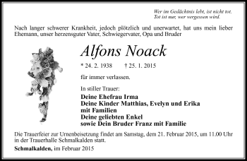 Traueranzeige von Alfons Noack von Südthüringer Presse