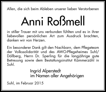 Traueranzeige von Anni Roßmell von Südthüringer Presse