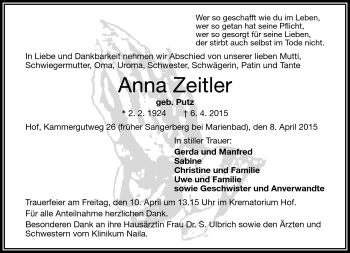 Traueranzeige von Anna Zeitler von Frankenpost