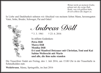 Traueranzeige von Andreas Döll von Südthüringer Presse
