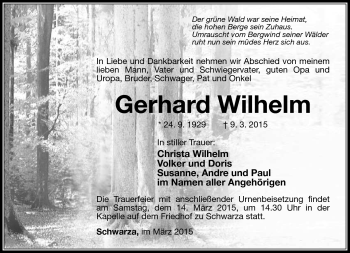 Traueranzeige von Gerhard Wilhelm von Südthüringer Presse