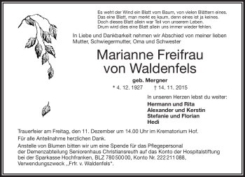 Traueranzeige von Marianne Freifrau von Waldenfels von Frankenpost