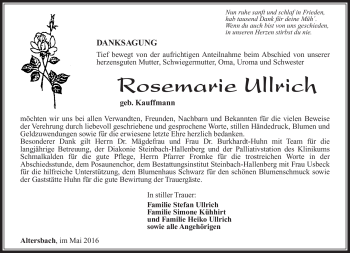 Traueranzeige von Rosemarie Ullrich von Südthüringer Presse