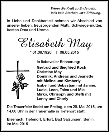 Traueranzeige von Elisabeth May von Südthüringer Presse