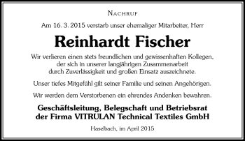 Traueranzeige von Reinhardt Fischer von Südthüringer Presse