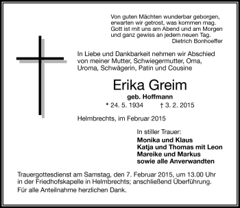 Traueranzeige von Erika Greim von Frankenpost