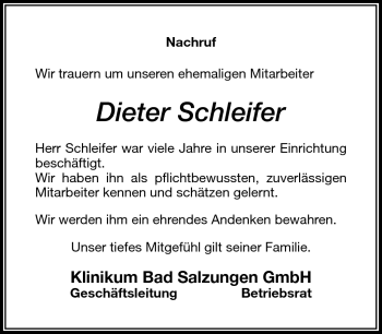Traueranzeige von Dieter Schleifer von Südthüringer Presse