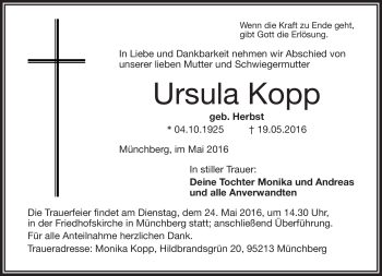 Traueranzeige von Ursula Kopp von Frankenpost